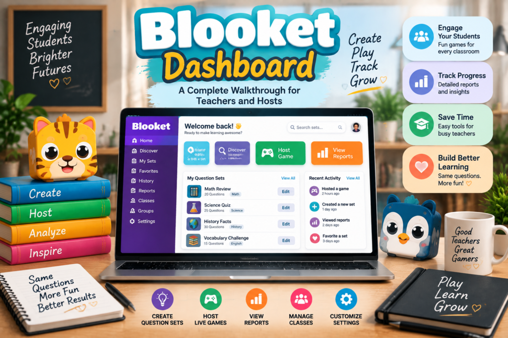 Blooket Dashboard guide showing teacher tools, game hosting, question sets, and student reports