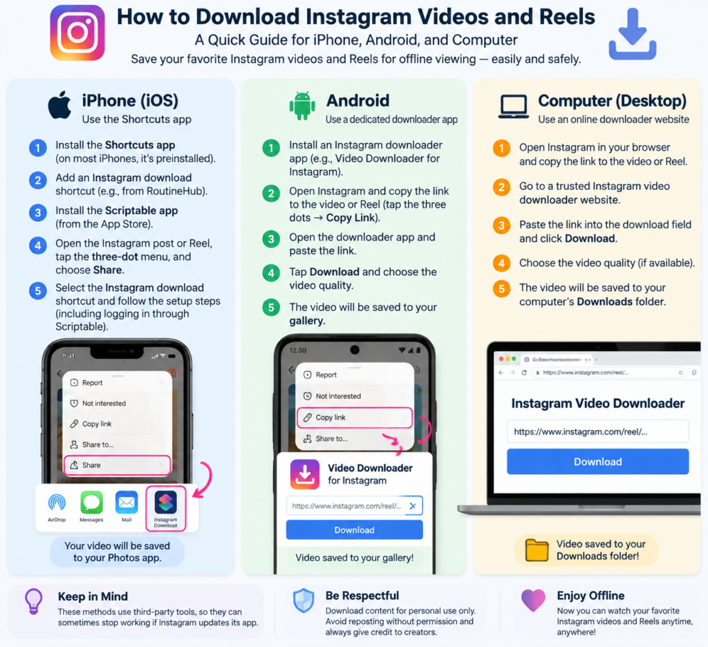 Step-by-step guide showing how to download Instagram videos and Reels on iPhone, Android, and computer devices.