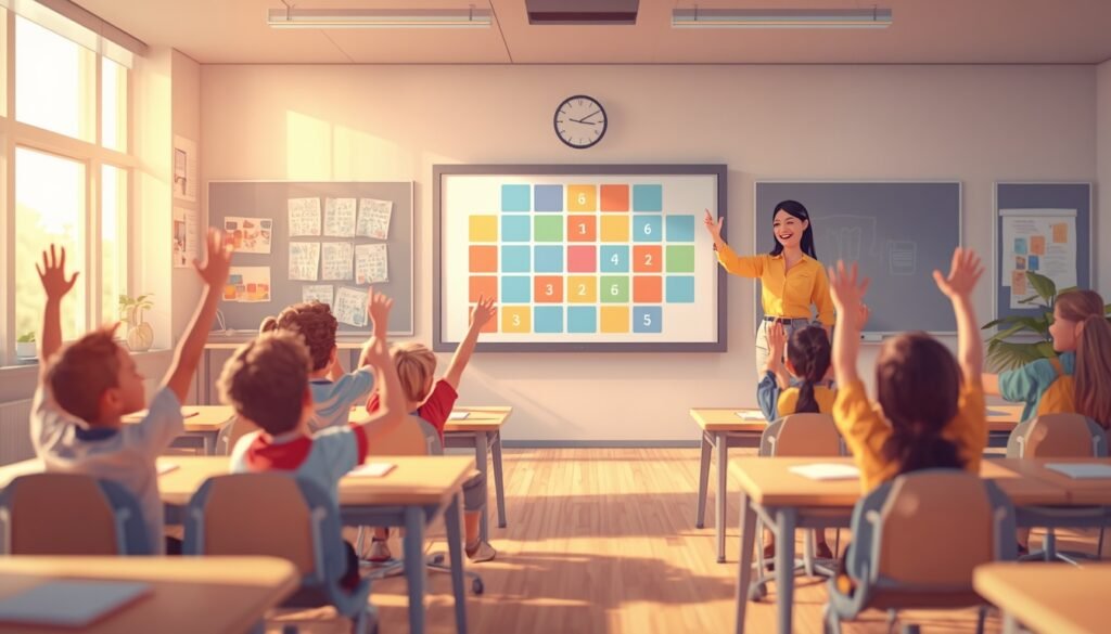 Students playing a team based Baamboozle quiz game in a bright classroom with a game board on the screen