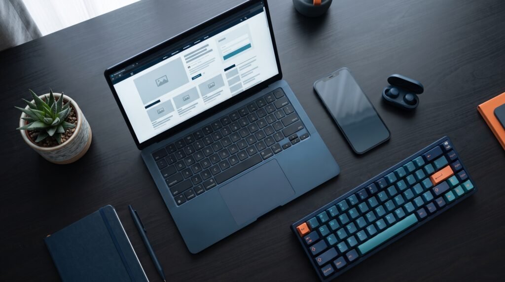 Modern tech workspace with a laptop, smartphone, earbuds and keyboard representing the TechAbbey platform.